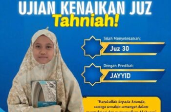 Ananda Malikatus Az-Zahra Khusnatul Fitria  telah berhasil menyelesaikan hafalan Juz 30 dengan predikat Jayyid